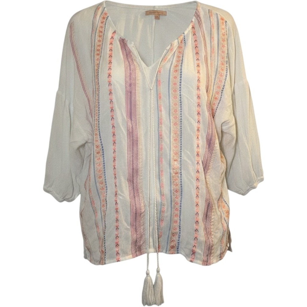 Gibson Latimer Embroidered Peasant Blouse White XL Boho Tassel Casual Vacation